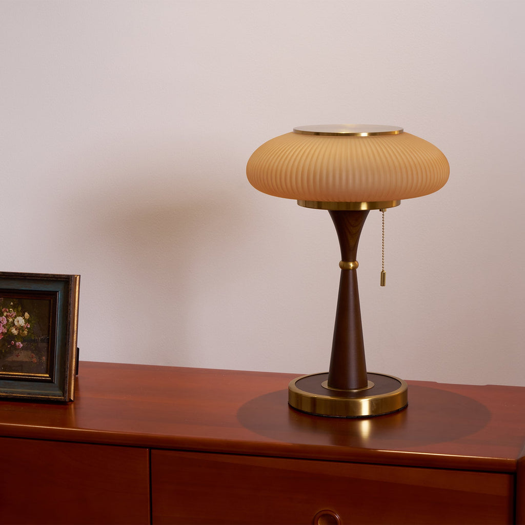 Mushroom Table Lamp 16.9 Inches Glass Shade Wood Base