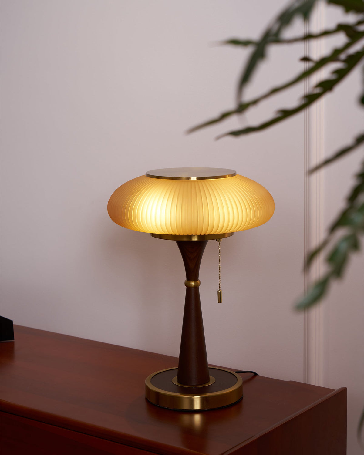 Mushroom Table Lamp 16.9 Inches Glass Shade Wood Base