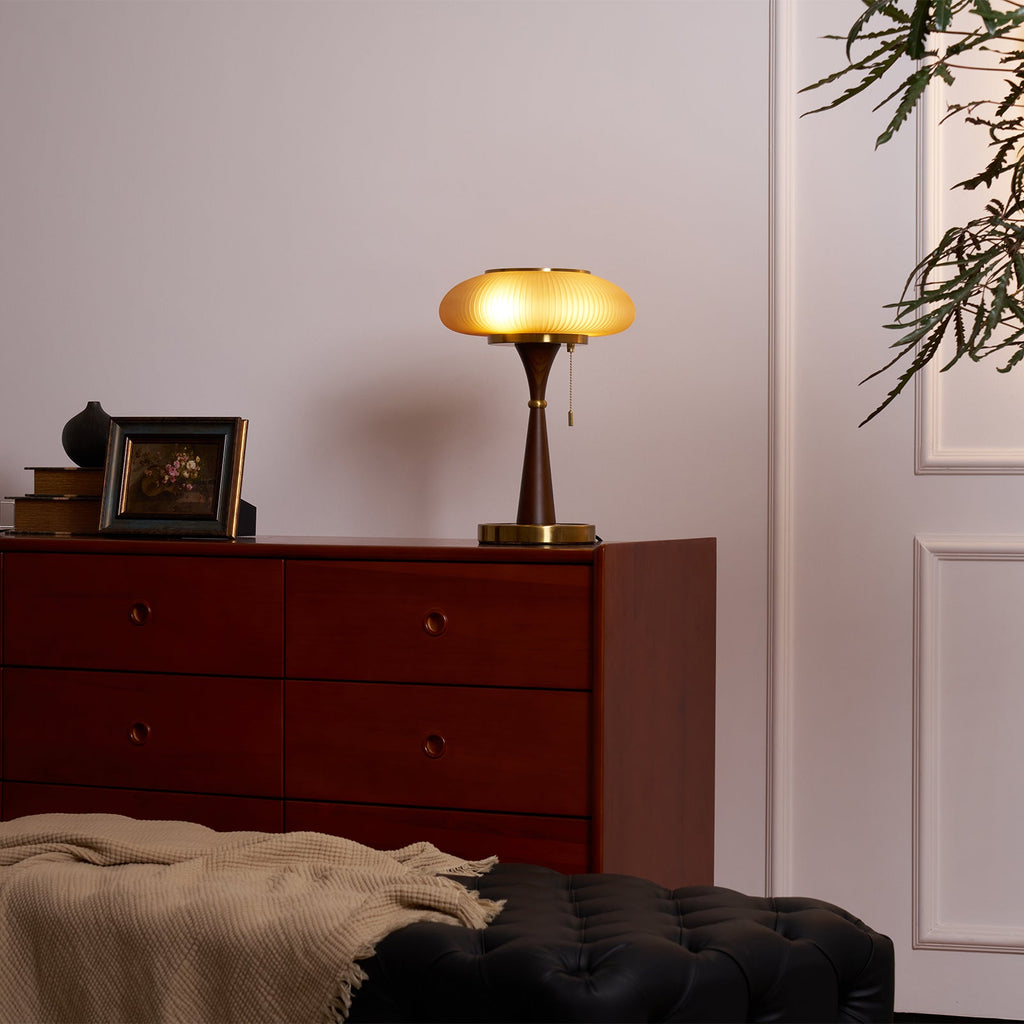 Mushroom Table Lamp 16.9 Inches Glass Shade Wood Base