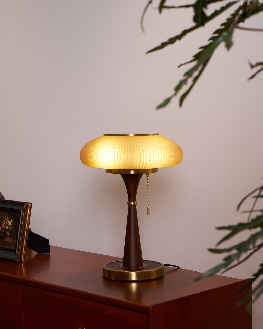 Mushroom Table Lamp 16.9 Inches Glass Shade Wood Base