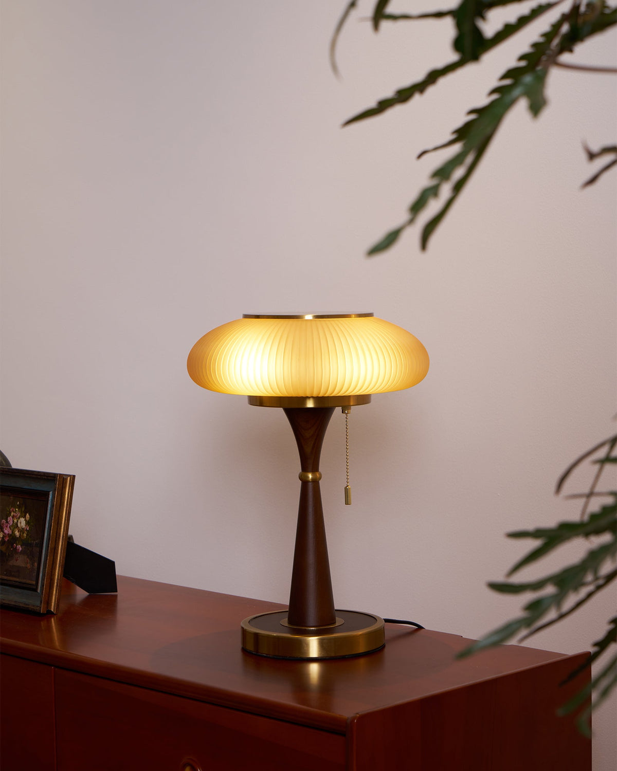 Mushroom Table Lamp 16.9 Inches Glass Shade Wood Base