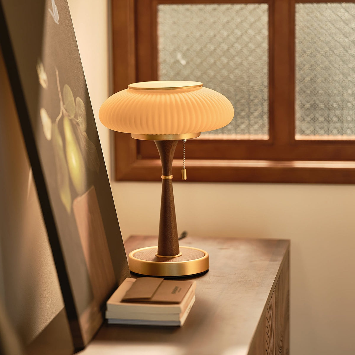 Mushroom Table Lamp 16.9 Inches Glass Shade Wood Base