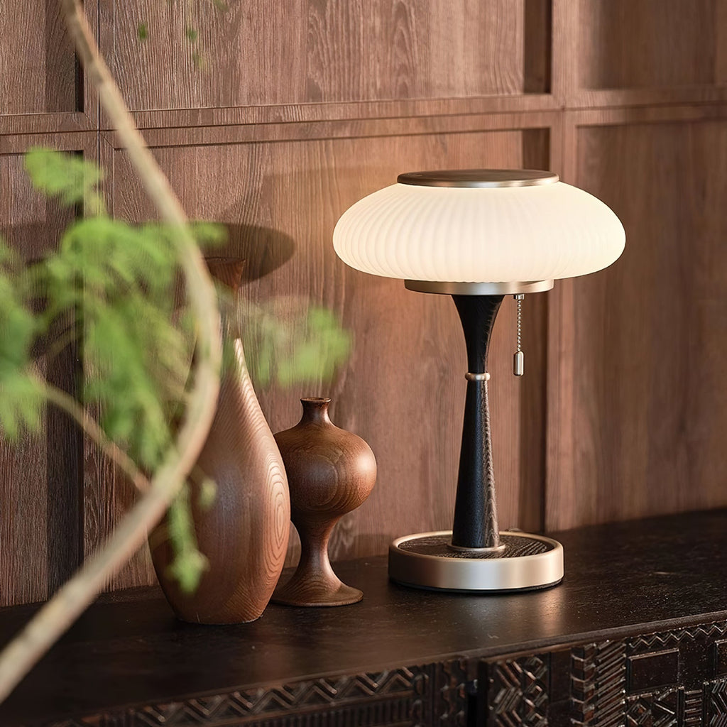 Mushroom Table Lamp 16.9 Inches Glass Shade Wood Base