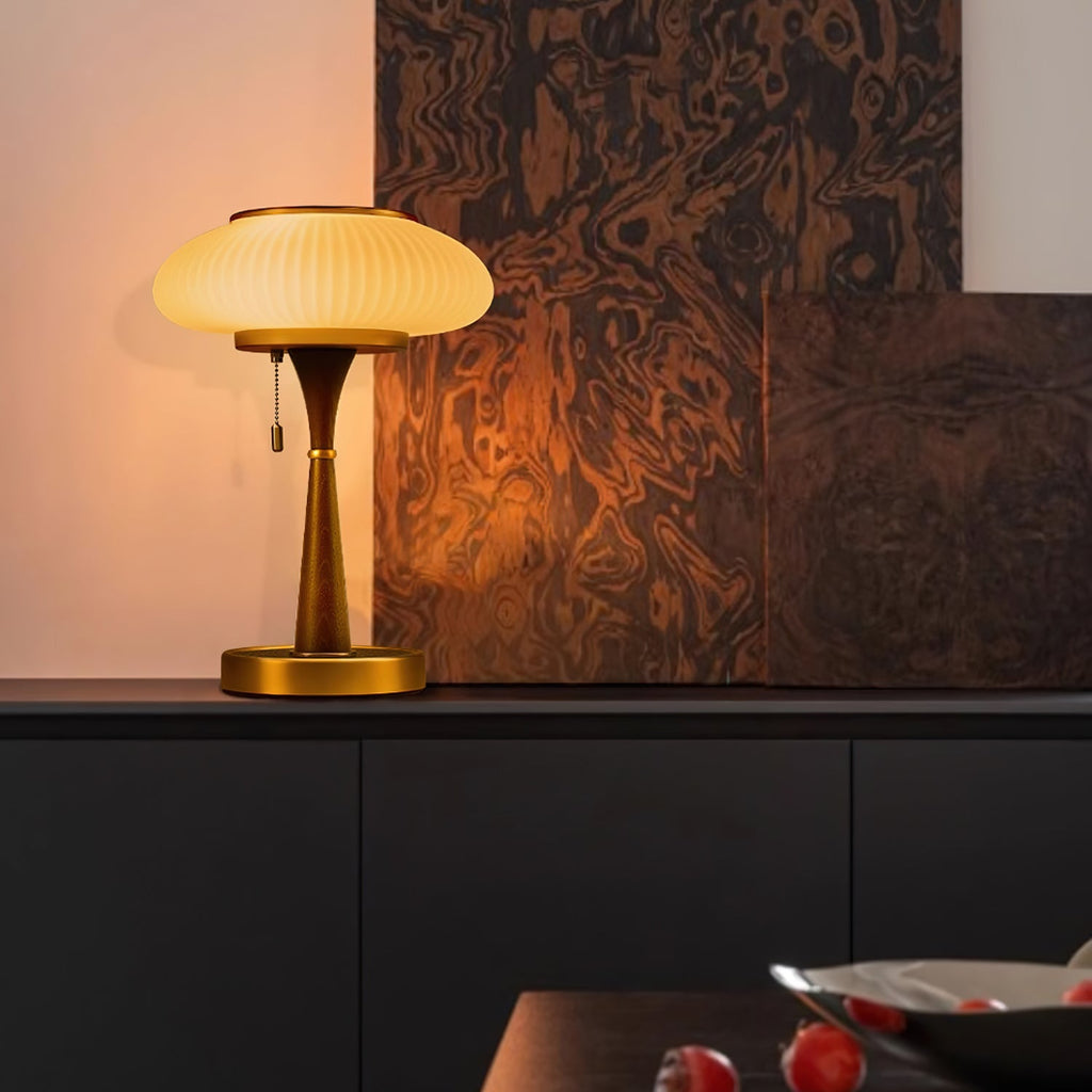 Mushroom Table Lamp 16.9 Inches Glass Shade Wood Base