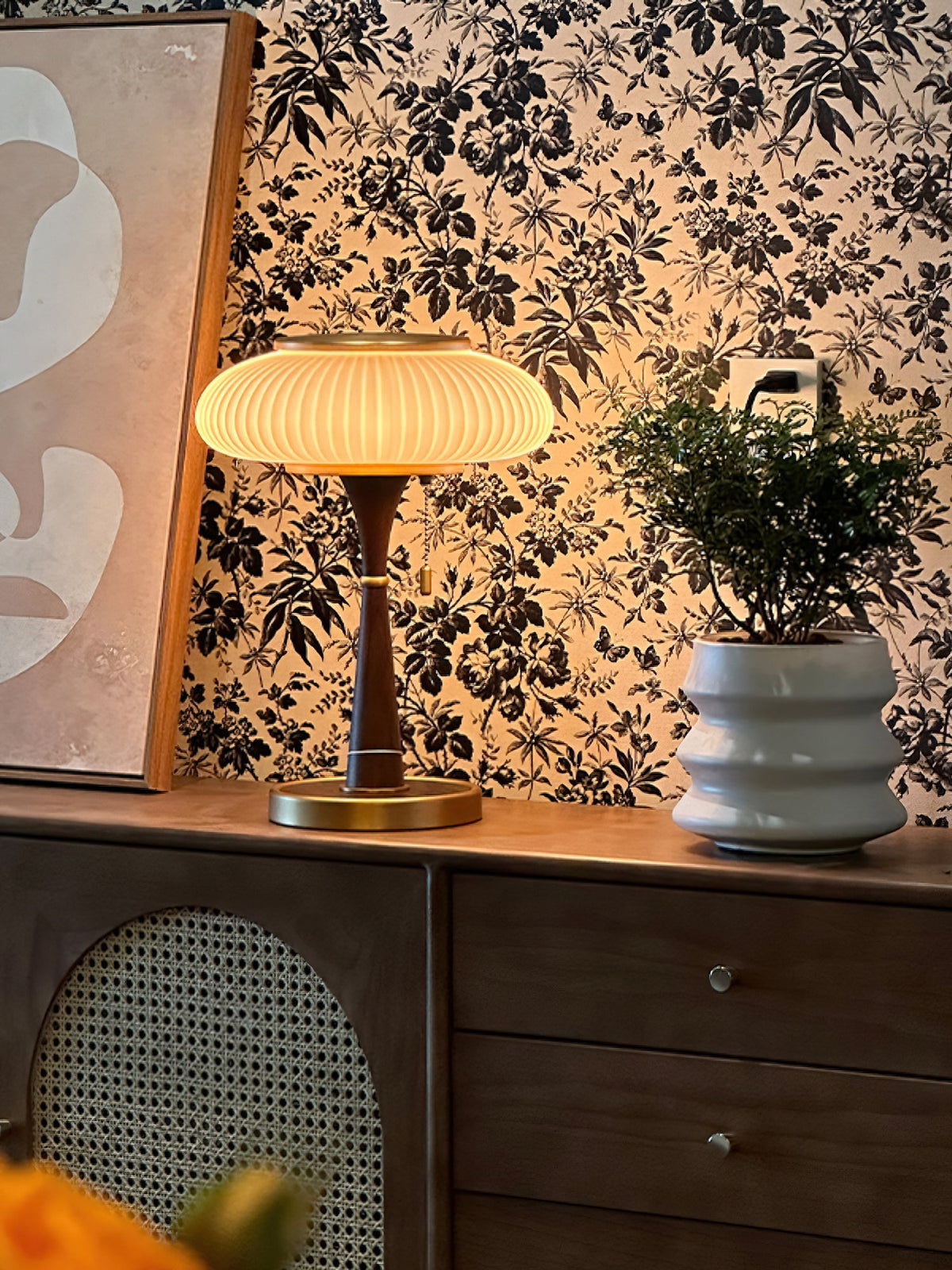 Mushroom Table Lamp 16.9 Inches Glass Shade Wood Base