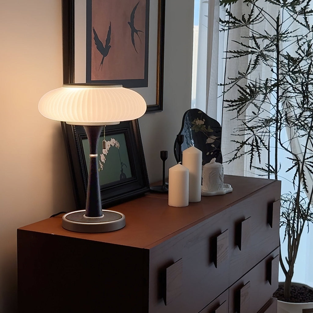 Mushroom Table Lamp 16.9 Inches Glass Shade Wood Base