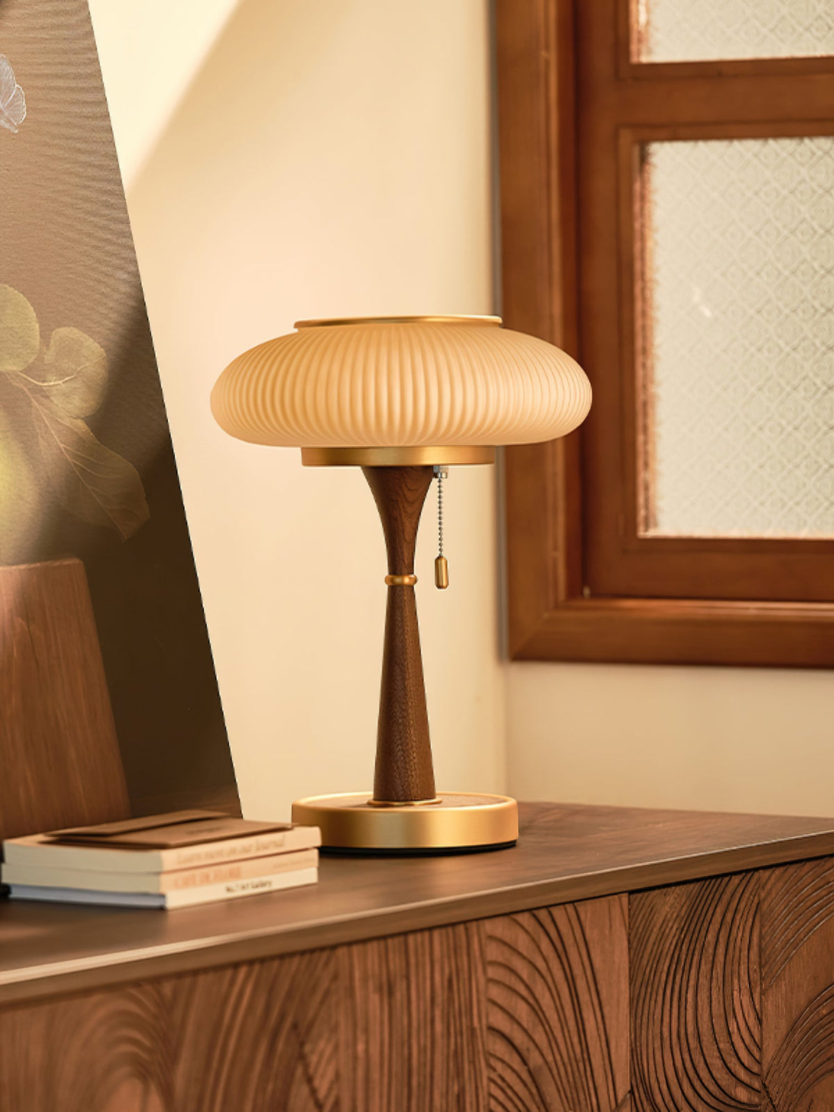 Mushroom Table Lamp 16.9 Inches Glass Shade Wood Base