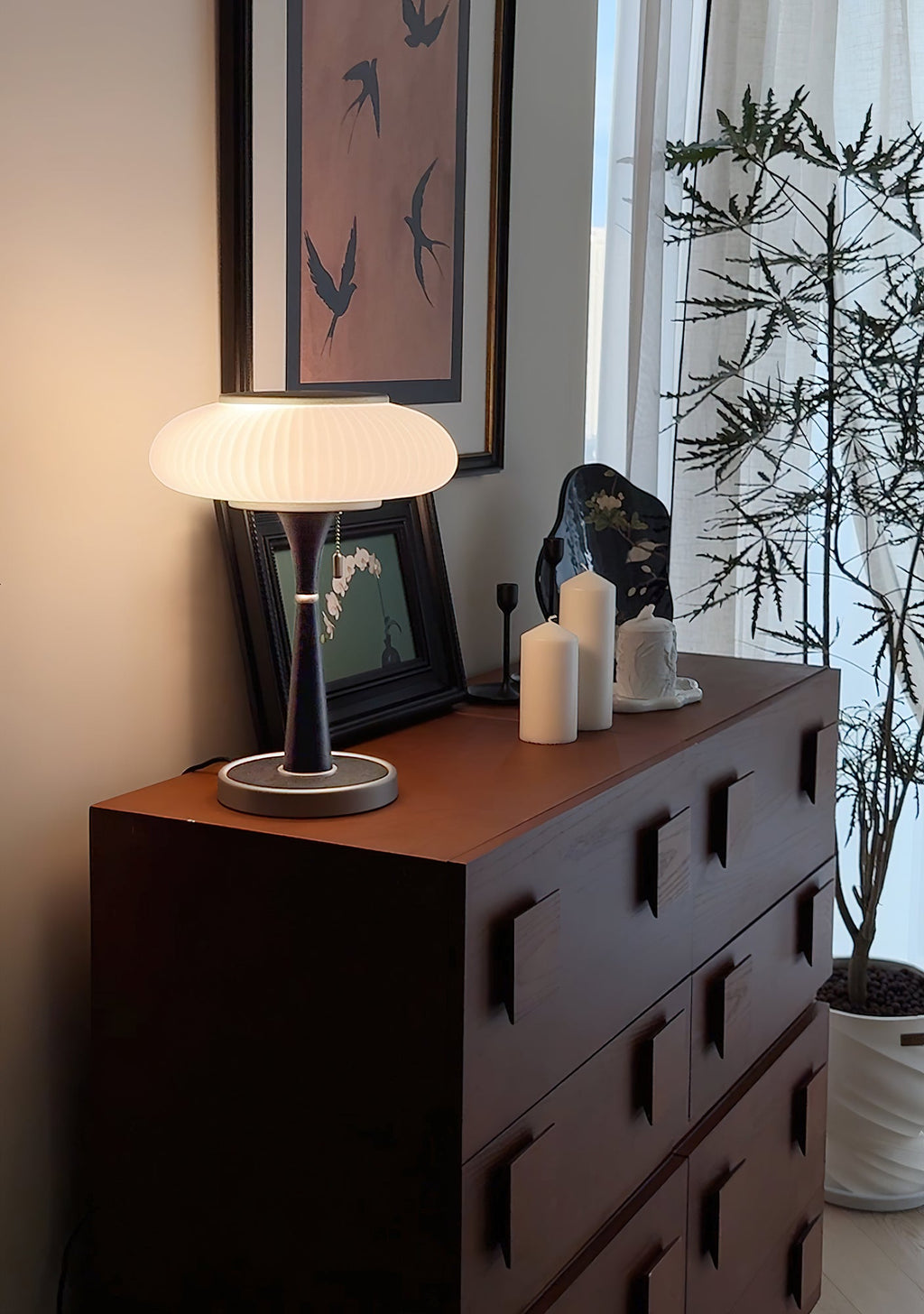 Mushroom Table Lamp 16.9 Inches Glass Shade Wood Base