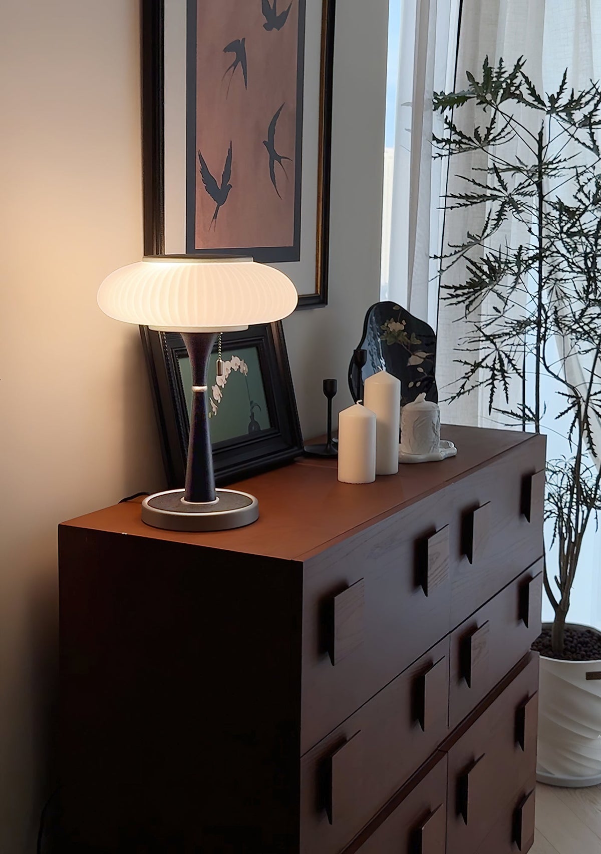 Mushroom Table Lamp 16.9 Inches Glass Shade Wood Base