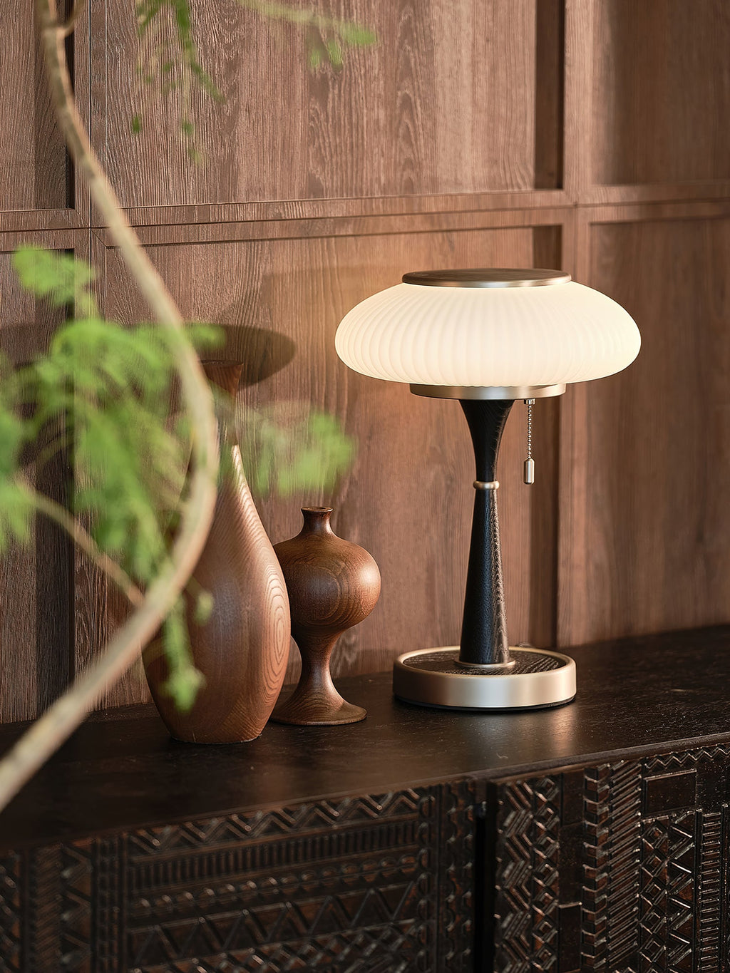 Mushroom Table Lamp 16.9 Inches Glass Shade Wood Base