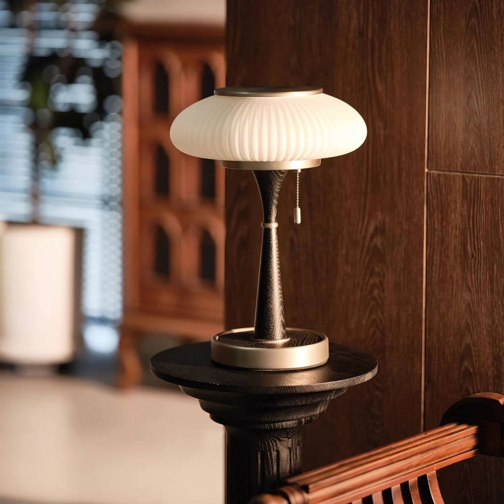 Mushroom Table Lamp 16.9 Inches Glass Shade Wood Base