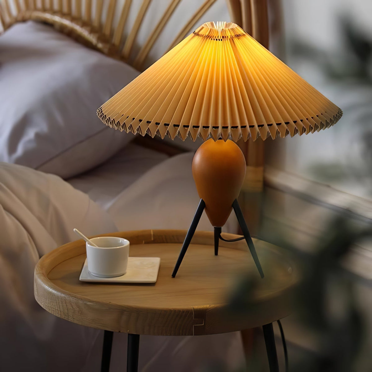 Table Lamp 14.9 Inches Burl Wood Base Fabric Shade
