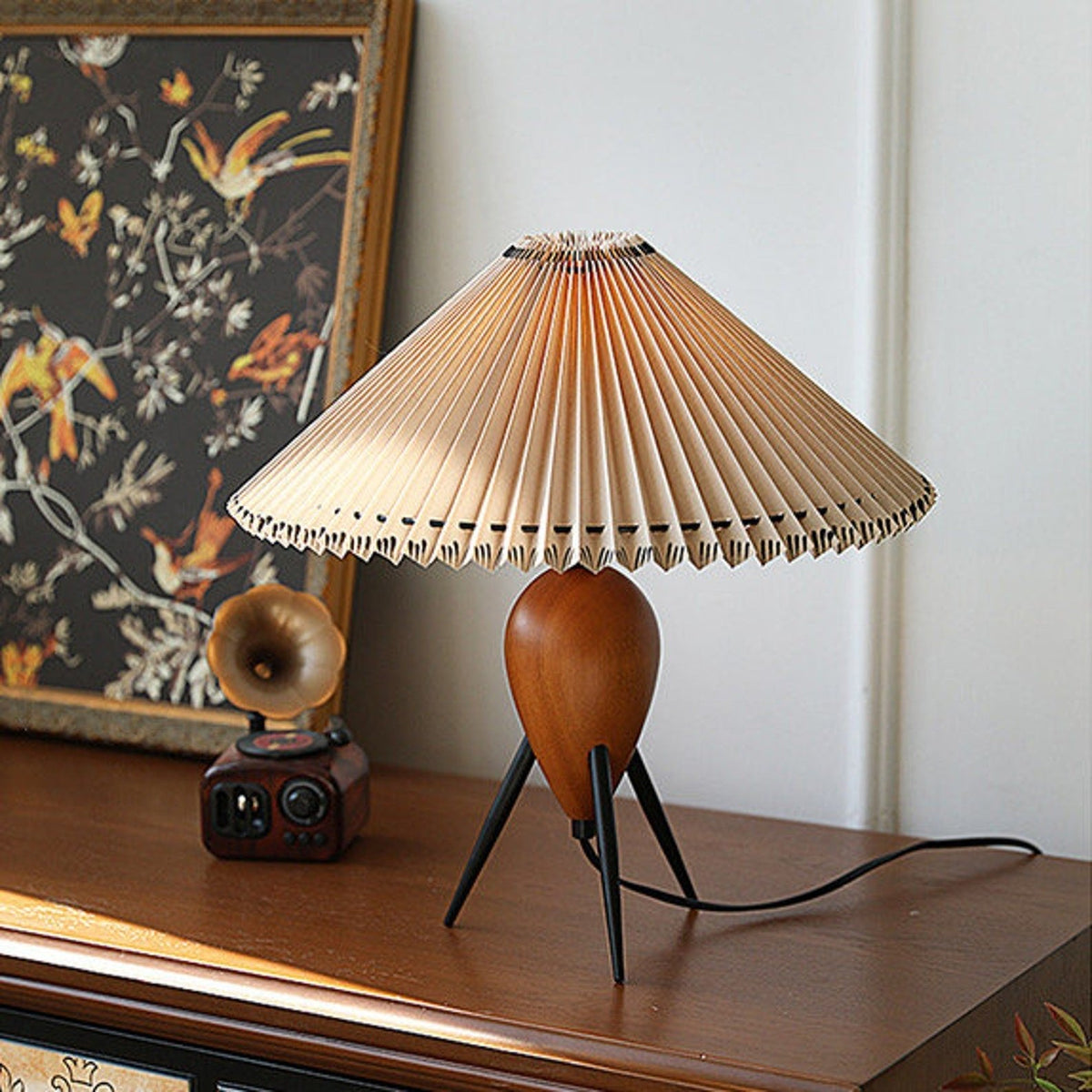Table Lamp 14.9 Inches Burl Wood Base Fabric Shade