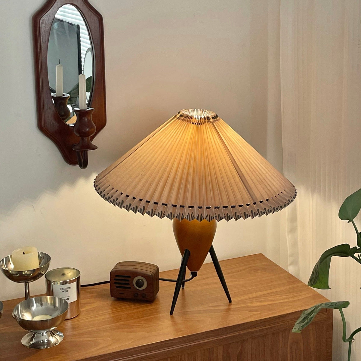 Table Lamp 14.9 Inches Burl Wood Base Fabric Shade