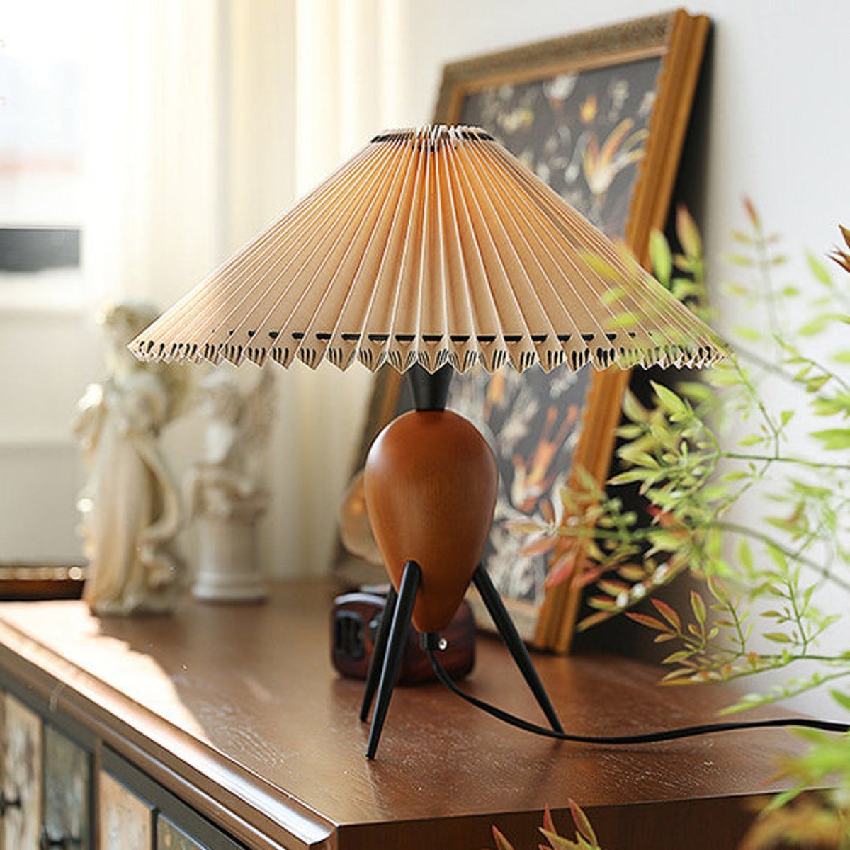 Table Lamp 14.9 Inches Burl Wood Base Fabric Shade