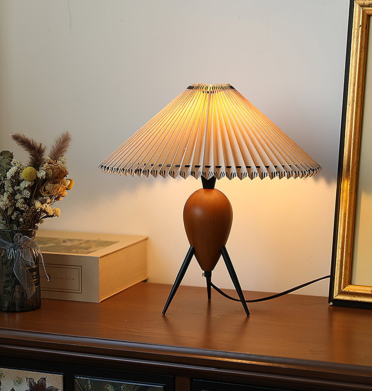 Table Lamp 14.9 Inches Burl Wood Base Fabric Shade
