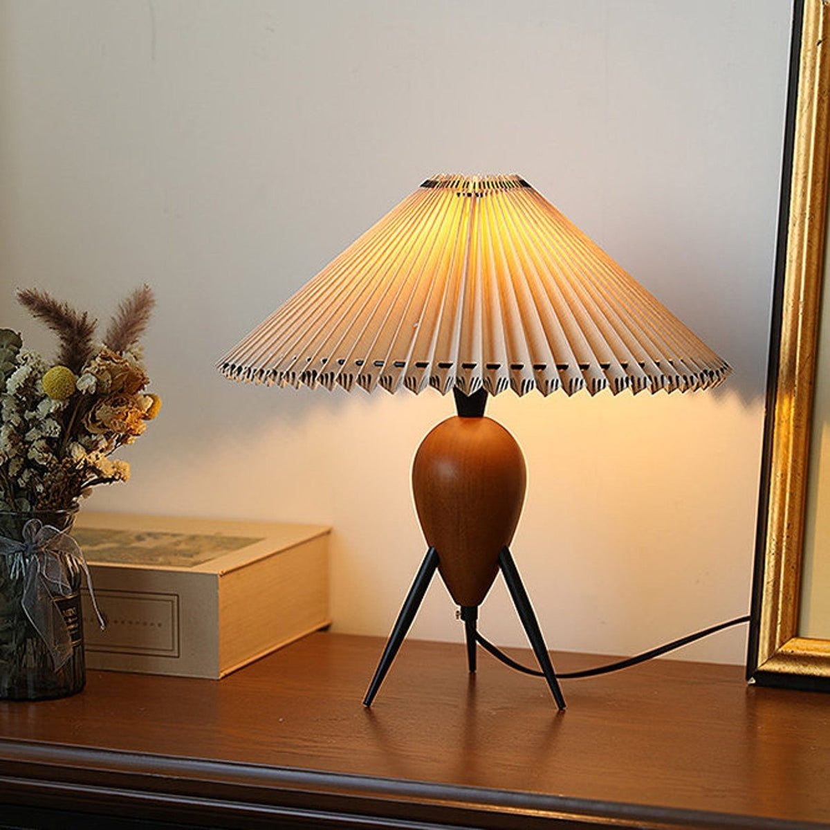 Table Lamp 14.9 Inches Burl Wood Base Fabric Shade