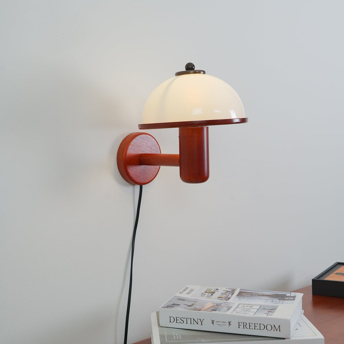Wall Lamp 11 Inches Oak Wood Mushroom Shape White Shade