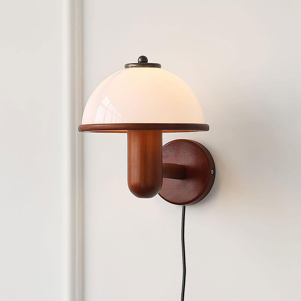 Wall Lamp 11 Inches Oak Wood Mushroom Shape White Shade