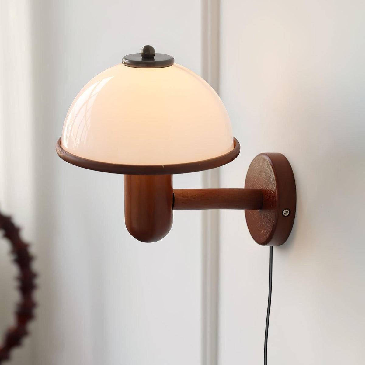 Wall Lamp 11 Inches Oak Wood Mushroom Shape White Shade