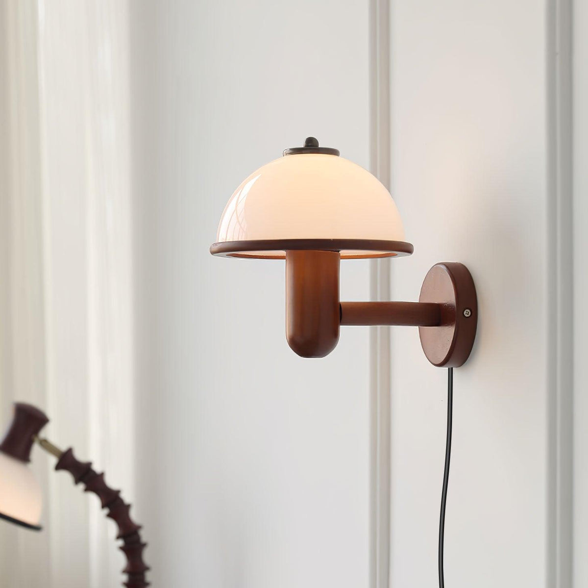 Wall Lamp 11 Inches Oak Wood Mushroom Shape White Shade