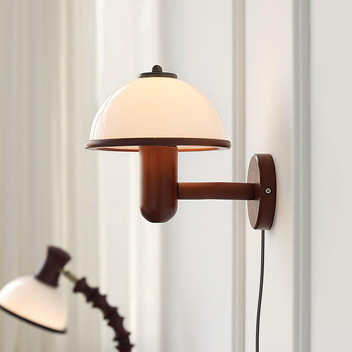 Wall Lamp 11 Inches Oak Wood Mushroom Shape White Shade