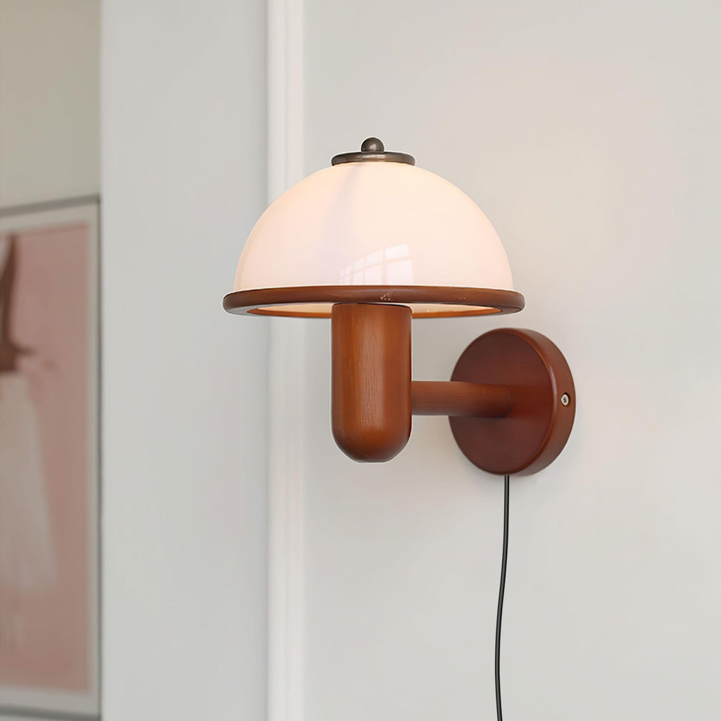 Wall Lamp 11 Inches Oak Wood Mushroom Shape White Shade