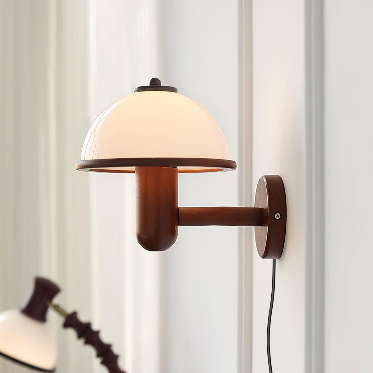 Wall Lamp 11 Inches Oak Wood Mushroom Shape White Shade