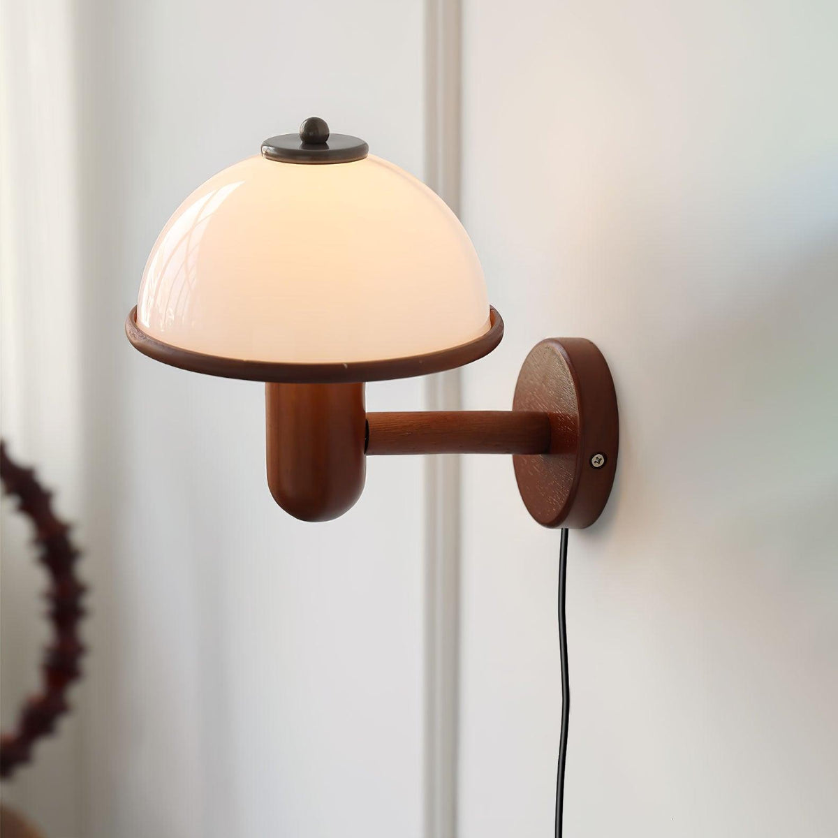 Wall Lamp 11 Inches Oak Wood Mushroom Shape White Shade