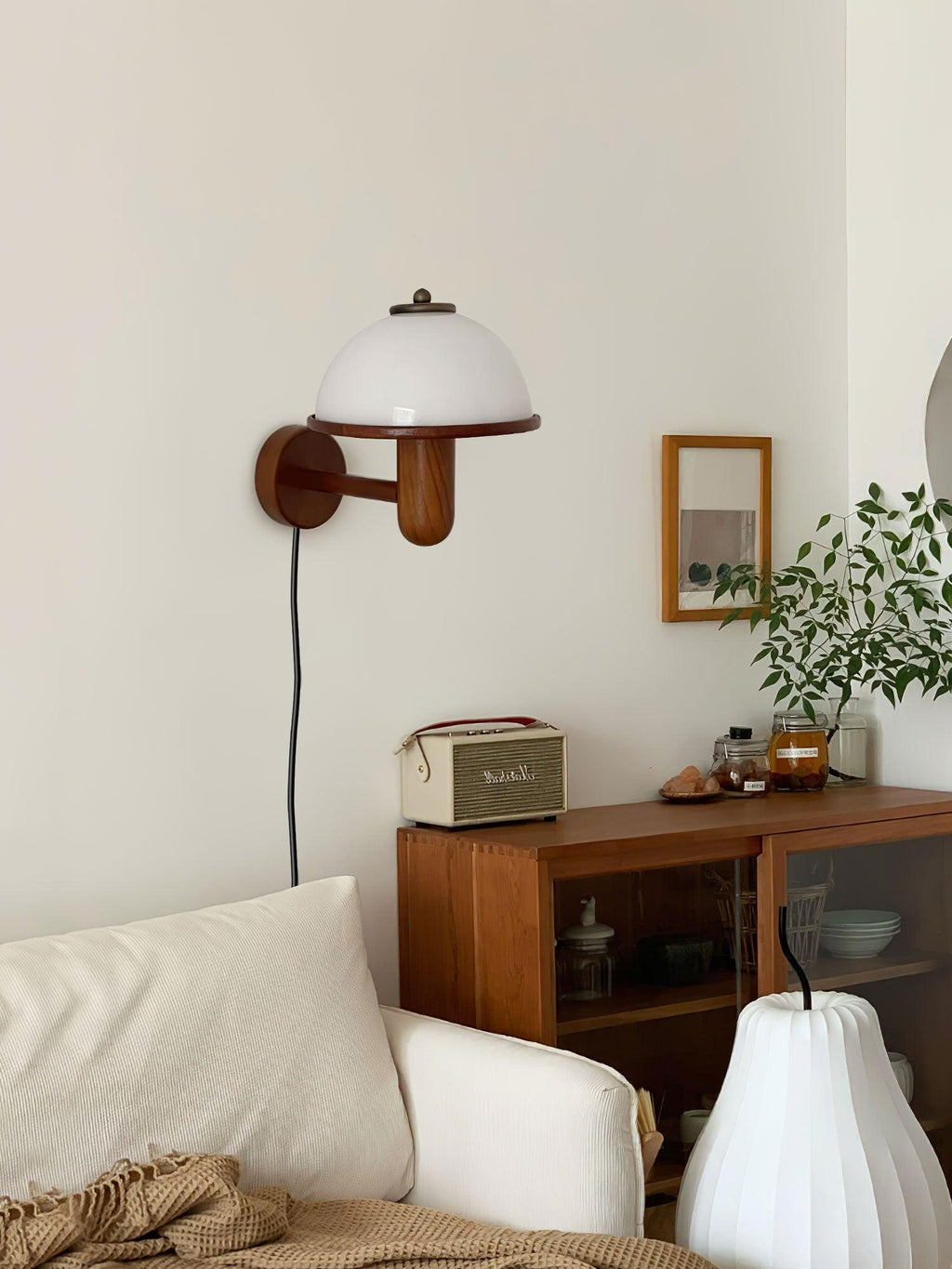 Wall Lamp 11 Inches Oak Wood Mushroom Shape White Shade