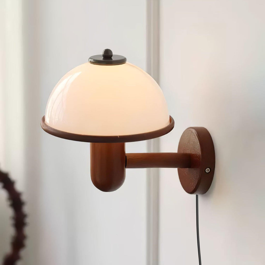 Wall Lamp 11 Inches Oak Wood Mushroom Shape White Shade