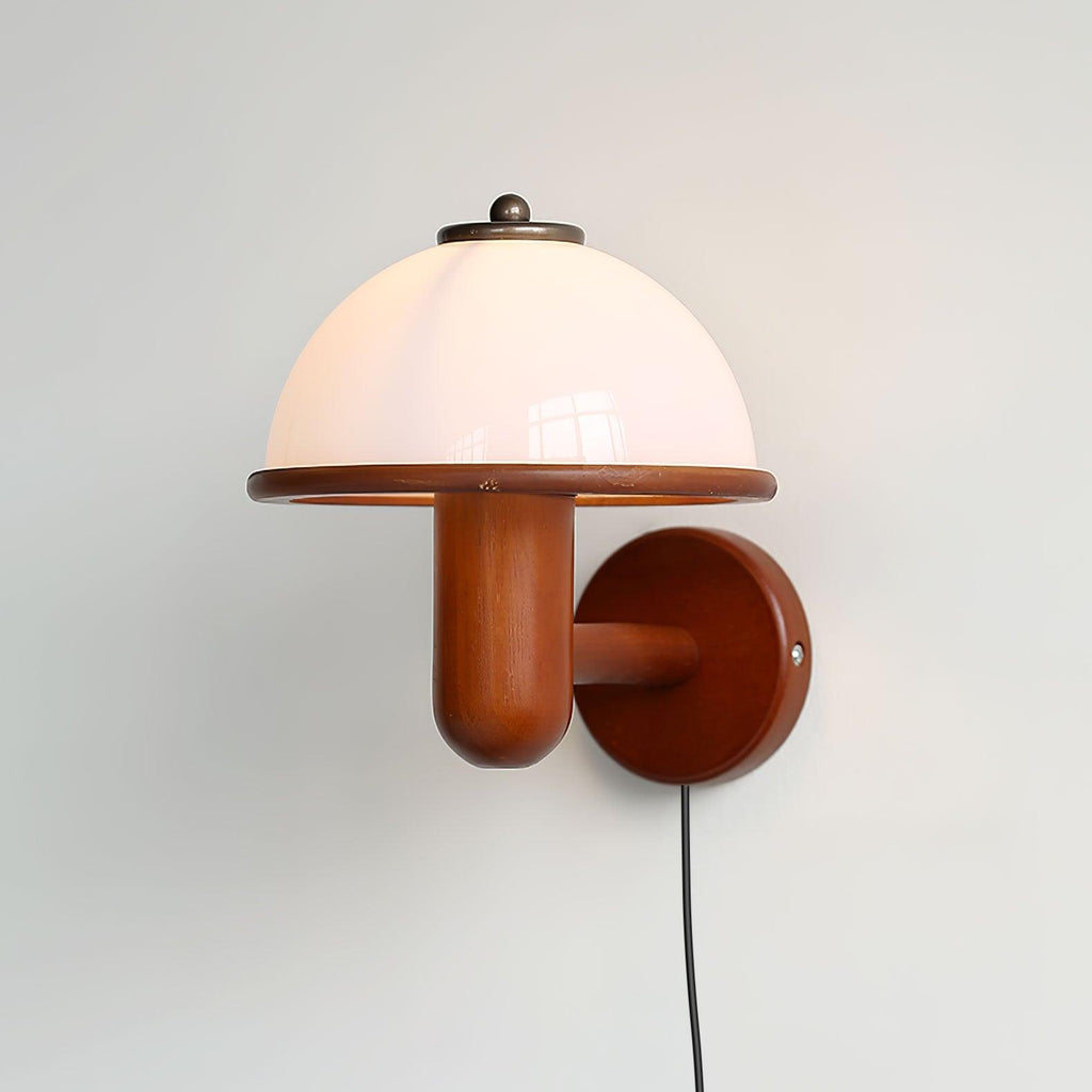Wall Lamp 11 Inches Oak Wood Mushroom Shape White Shade