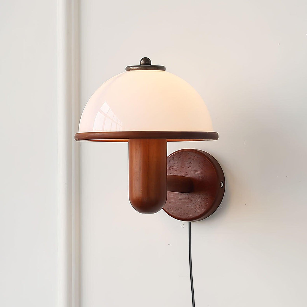 Wall Lamp 11 Inches Oak Wood Mushroom Shape White Shade