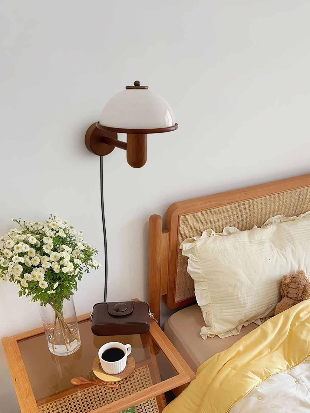 Wall Lamp 11 Inches Oak Wood Mushroom Shape White Shade