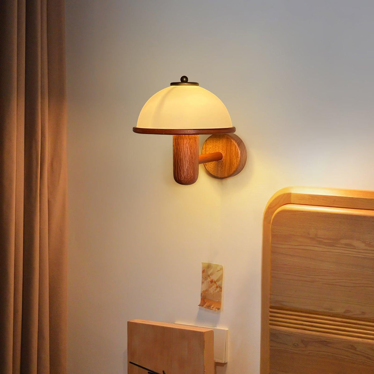 Wall Lamp 11 Inches Oak Wood Mushroom Shape White Shade