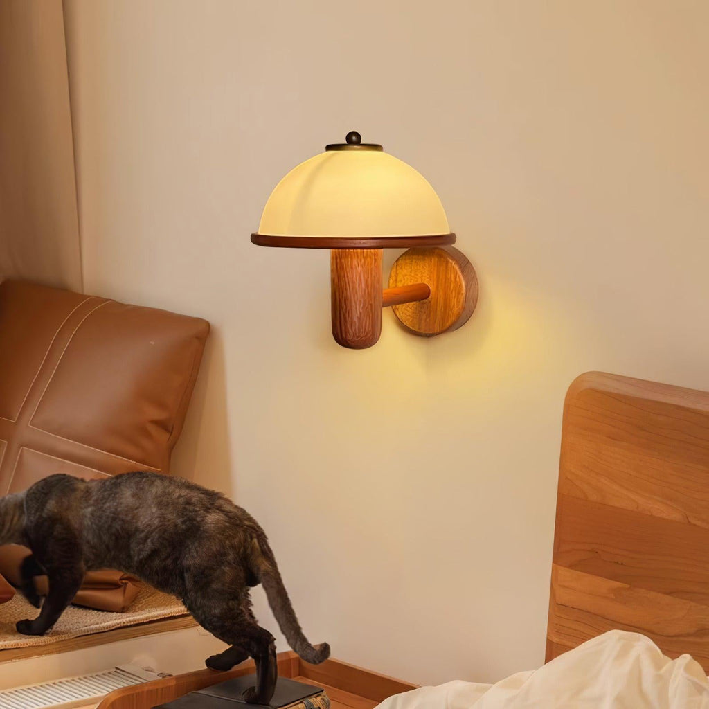 Wall Lamp 11 Inches Oak Wood Mushroom Shape White Shade