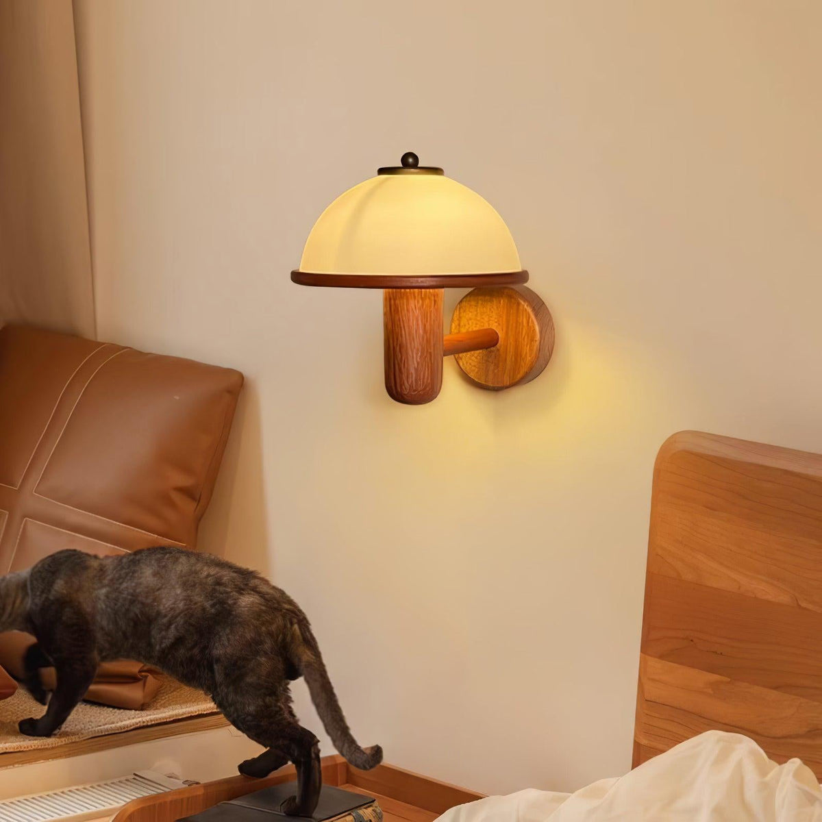 Wall Lamp 11 Inches Oak Wood Mushroom Shape White Shade