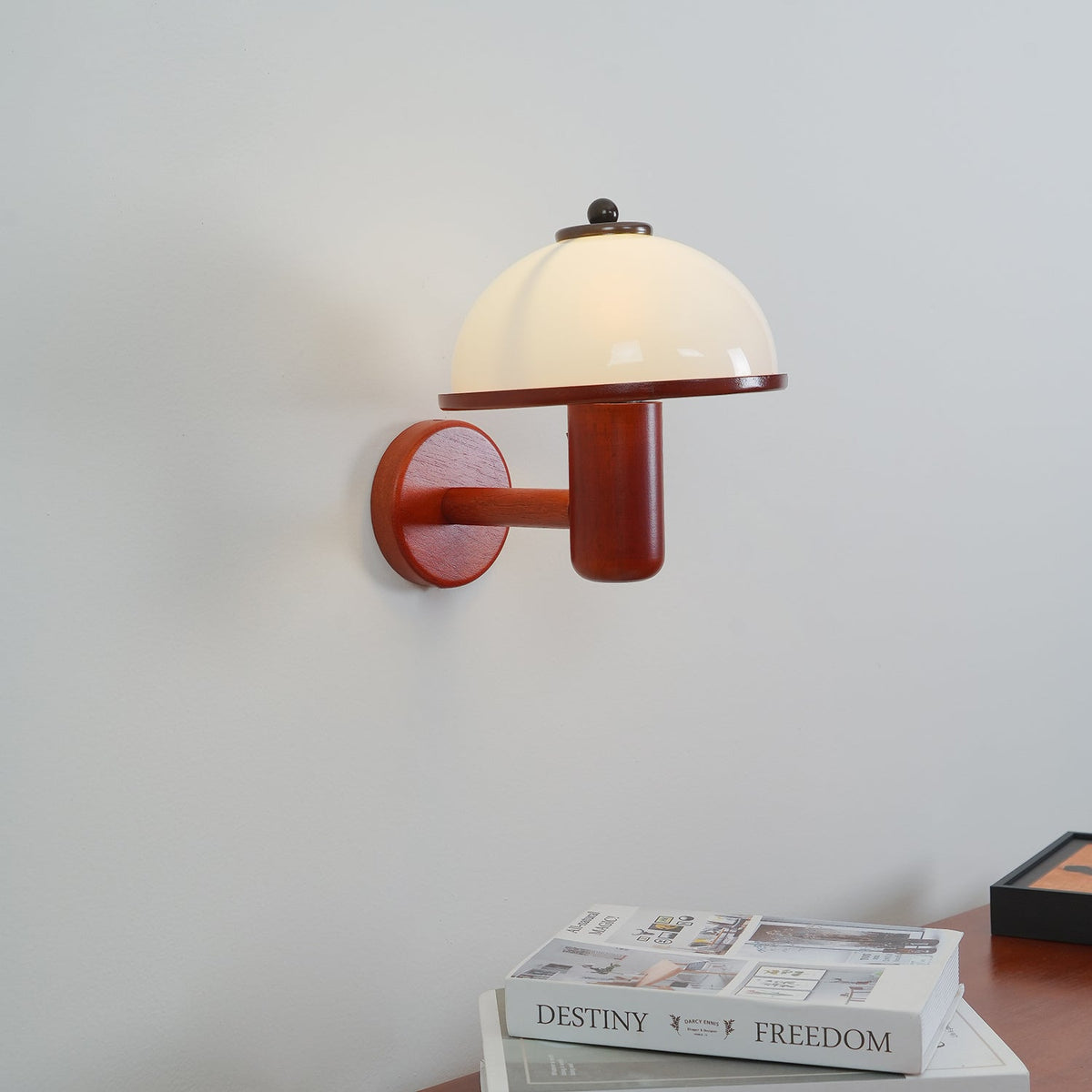 Wall Lamp 11 Inches Oak Wood Mushroom Shape White Shade