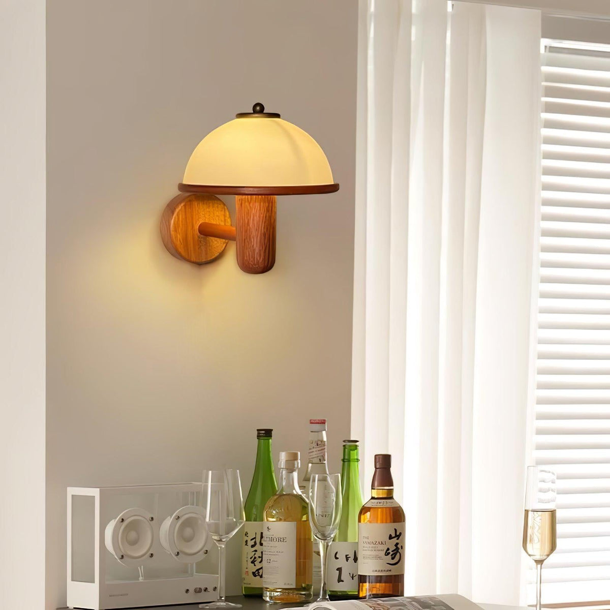 Wall Lamp 11 Inches Oak Wood Mushroom Shape White Shade