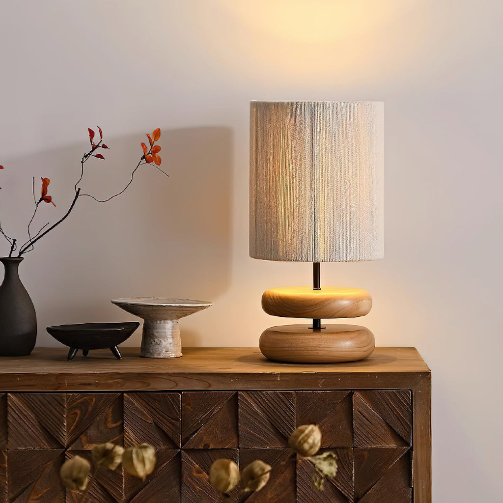 Table Lamp 15.7 Inches Wood Base Woven Hemp Rope Shade