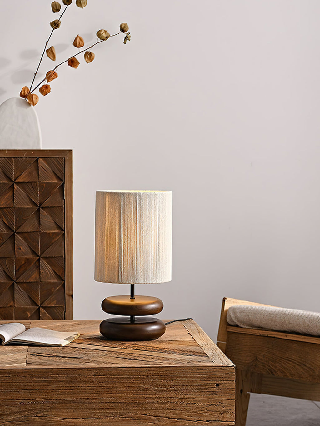 Table Lamp 15.7 Inches Wood Base Woven Hemp Rope Shade