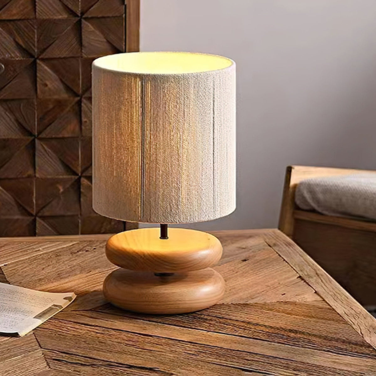 Table Lamp 15.7 Inches Wood Base Woven Hemp Rope Shade