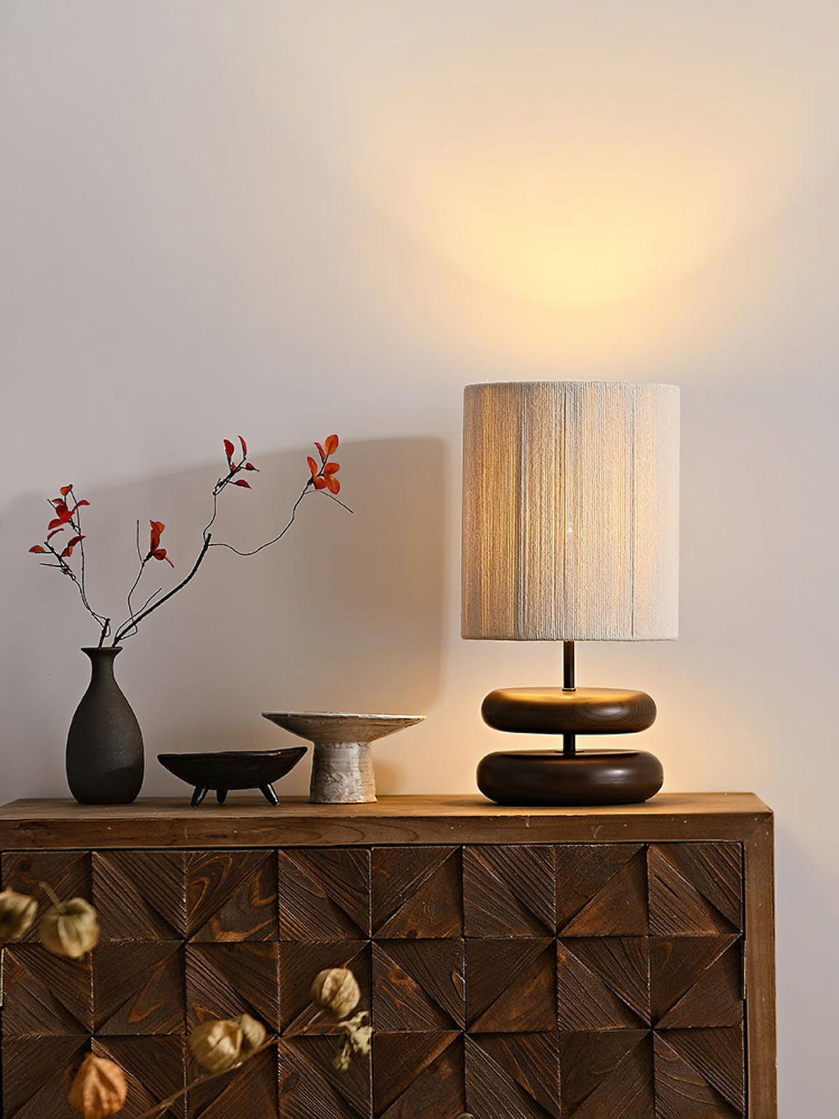 Table Lamp 15.7 Inches Wood Base Woven Hemp Rope Shade