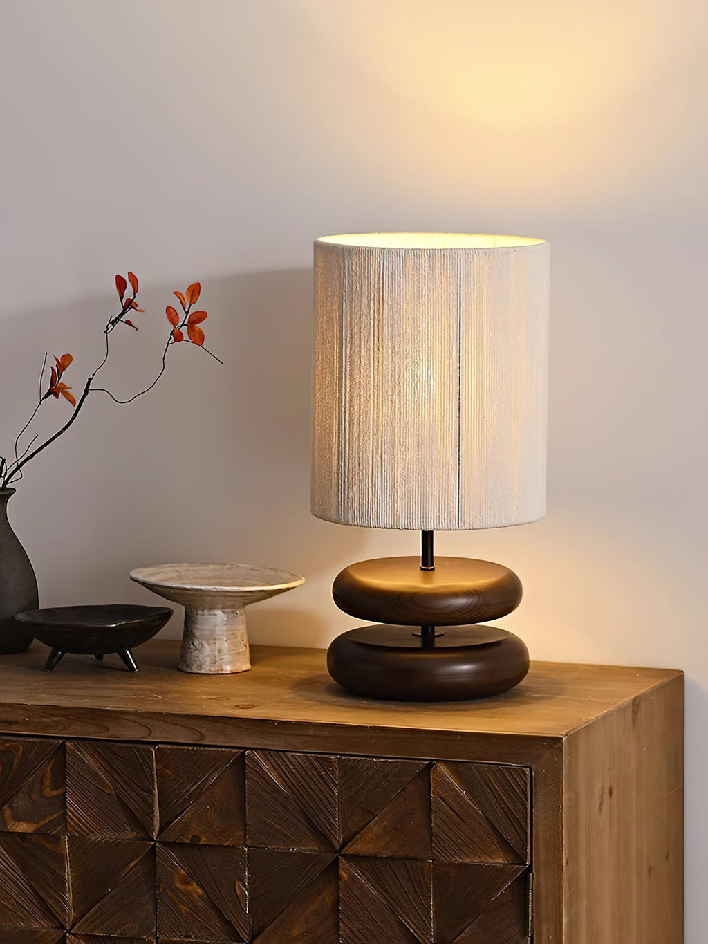 Table Lamp 15.7 Inches Wood Base Woven Hemp Rope Shade