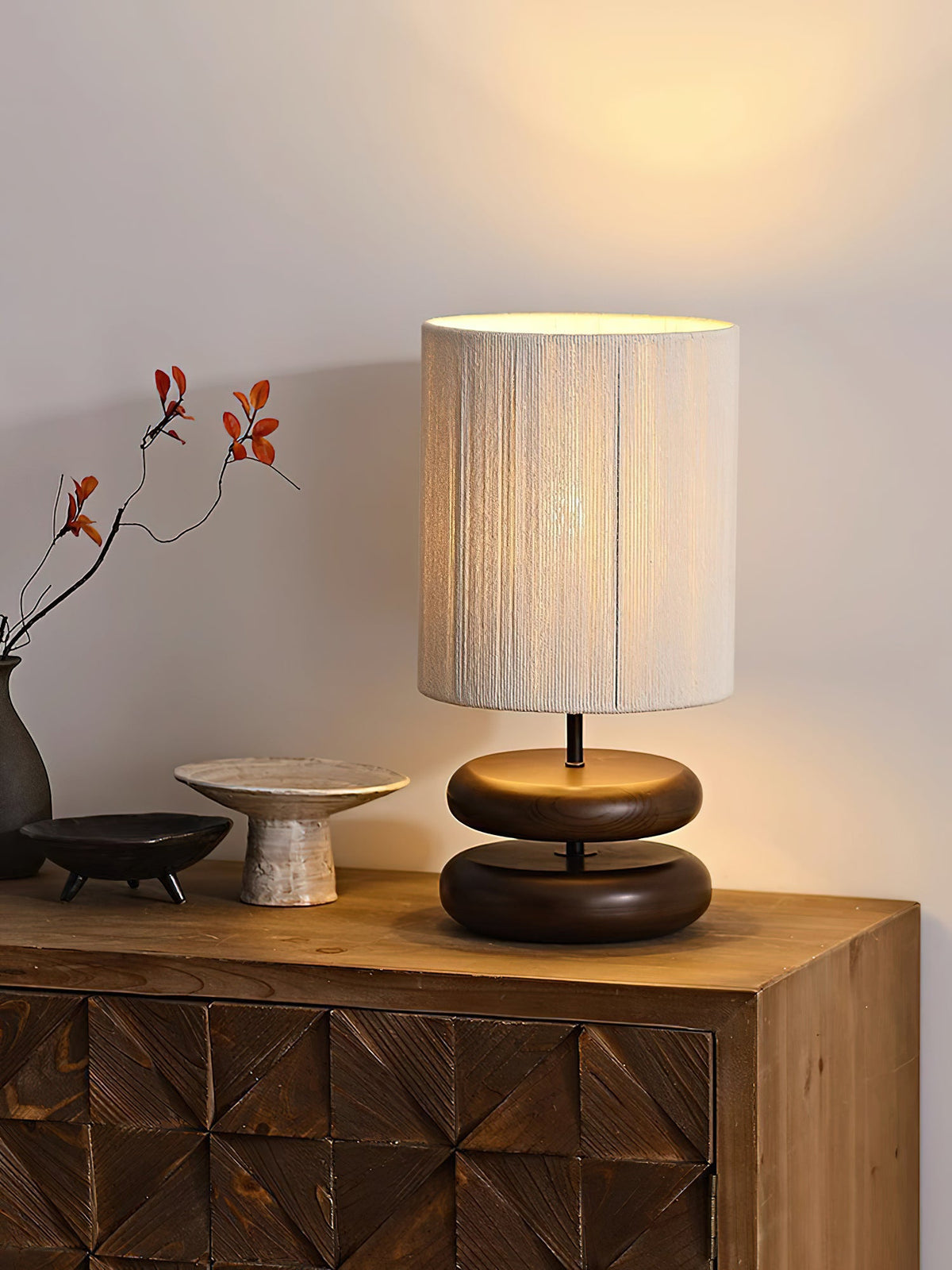 Table Lamp 15.7 Inches Wood Base Woven Hemp Rope Shade
