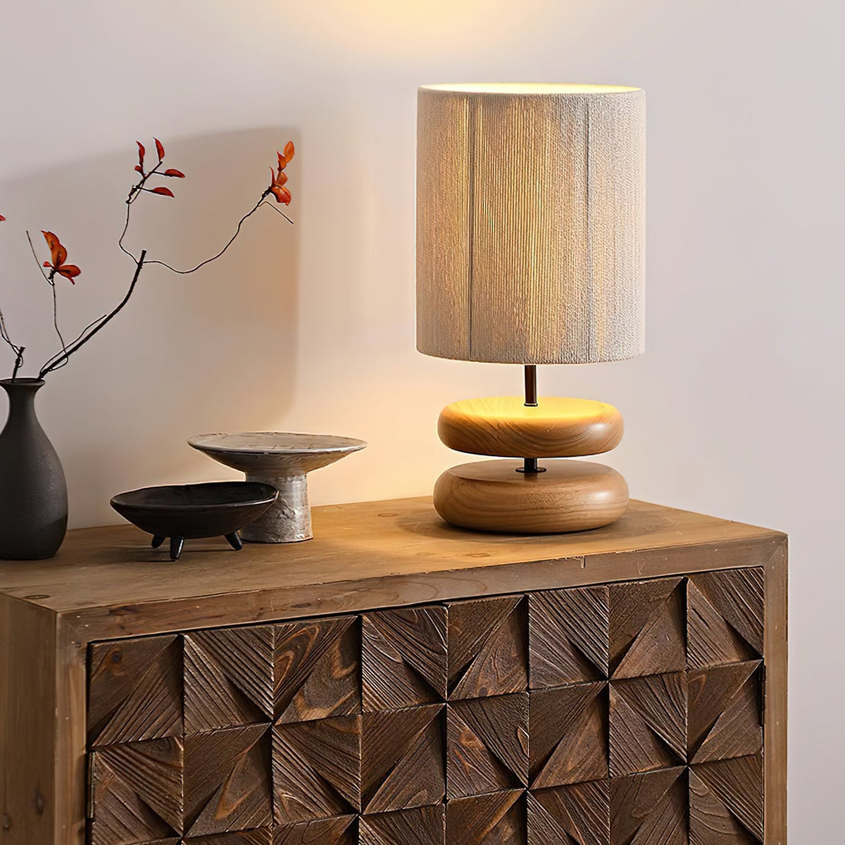 Table Lamp 15.7 Inches Wood Base Woven Hemp Rope Shade