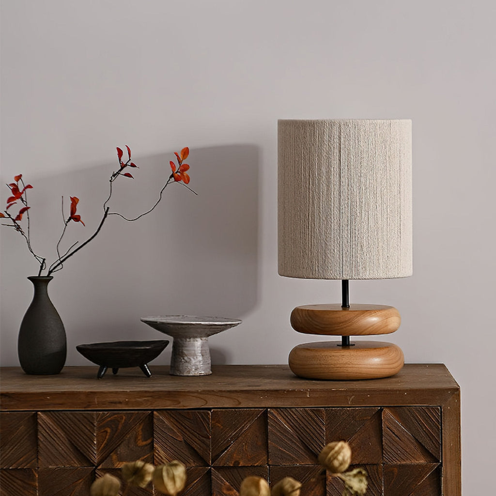 Table Lamp 15.7 Inches Wood Base Woven Hemp Rope Shade