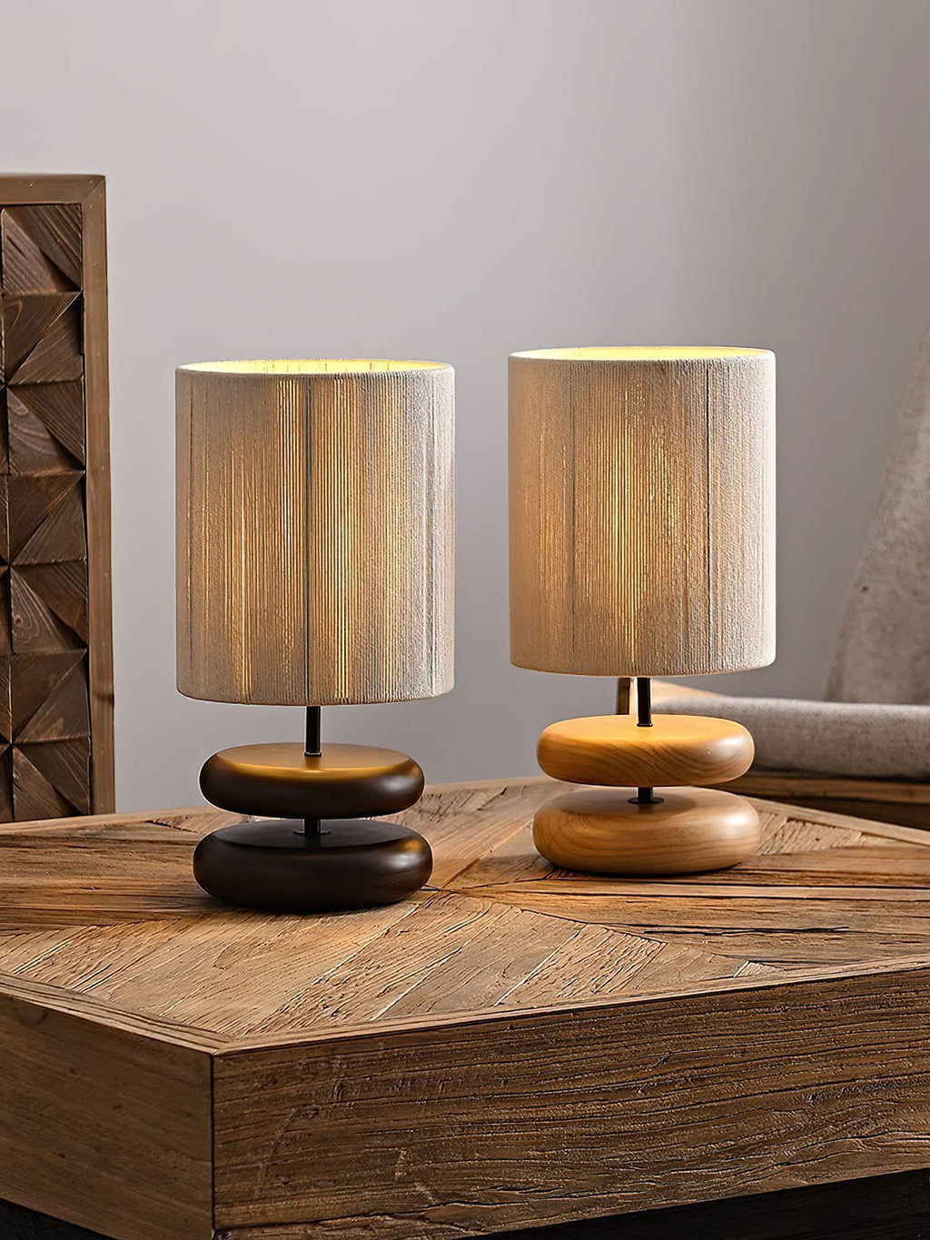 Table Lamp 15.7 Inches Wood Base Woven Hemp Rope Shade