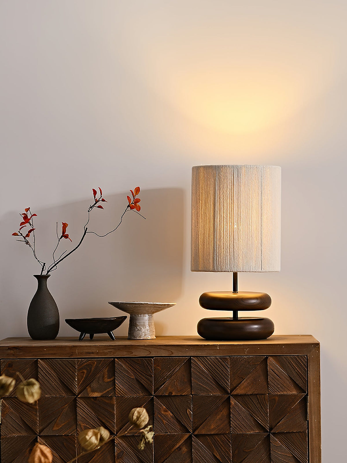 Table Lamp 15.7 Inches Wood Base Woven Hemp Rope Shade