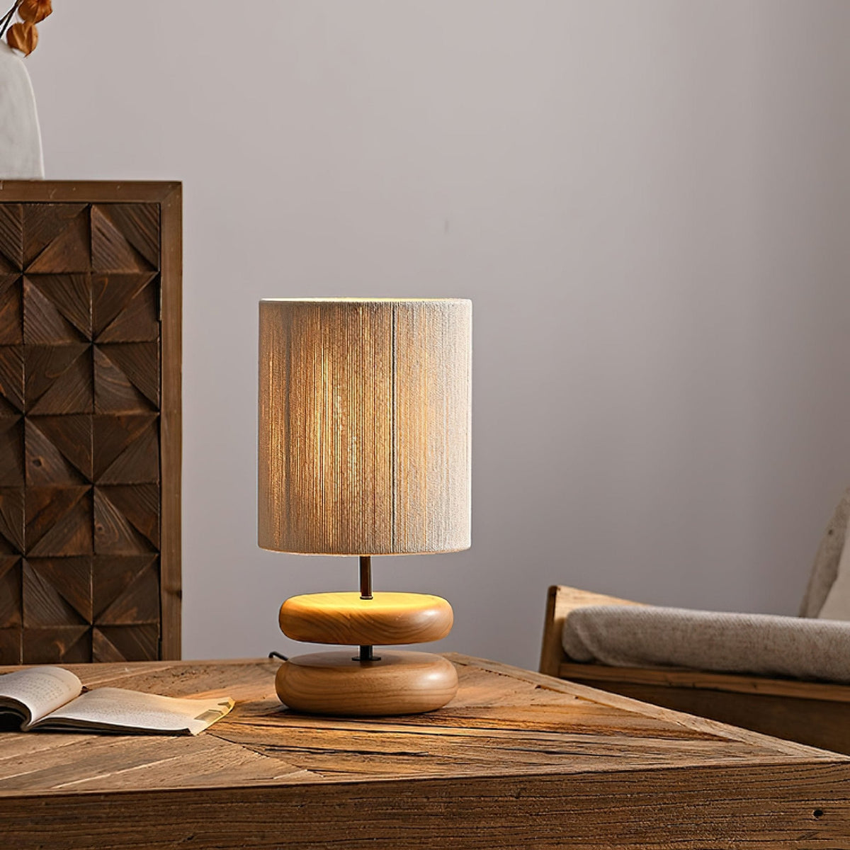 Table Lamp 15.7 Inches Wood Base Woven Hemp Rope Shade
